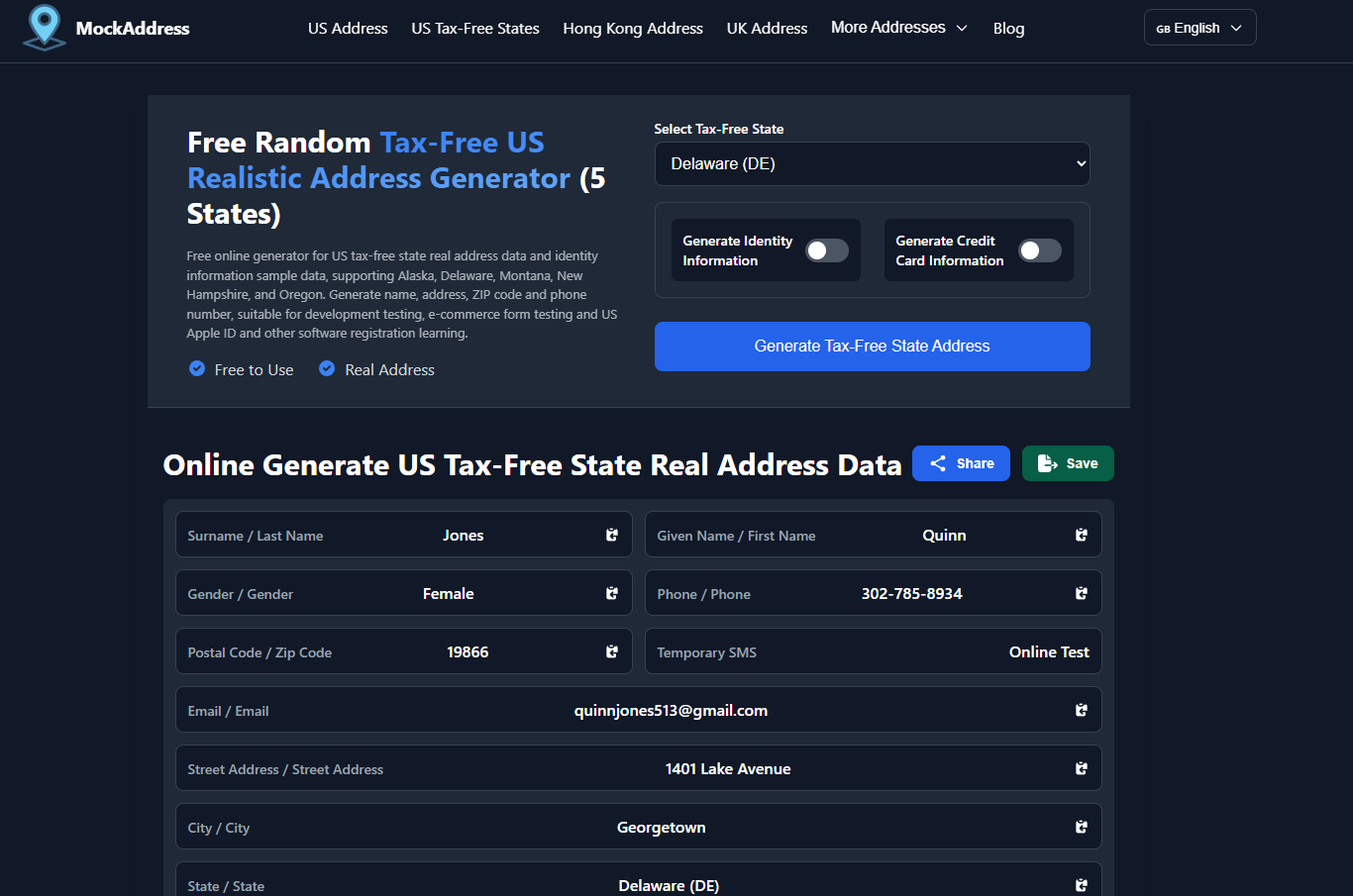 mockaddress Example image from the homepage of the US Tax-Free State Address Generator.